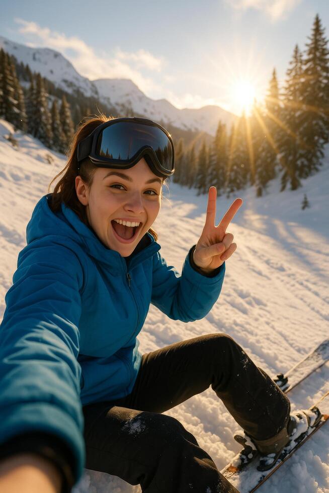 Smiling Skier Enjoying a Sunny Winter Day in the Mountains While Taking a Selfie photo