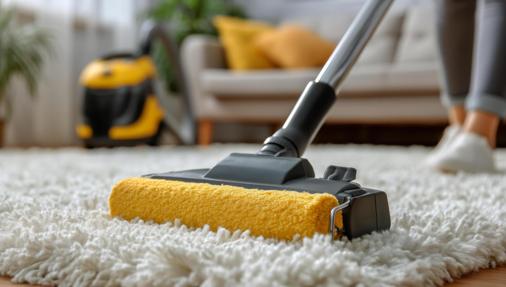 Cleaning a Living Room Carpet Using a Vacuum Cleaner on a Sunny Afternoon photo