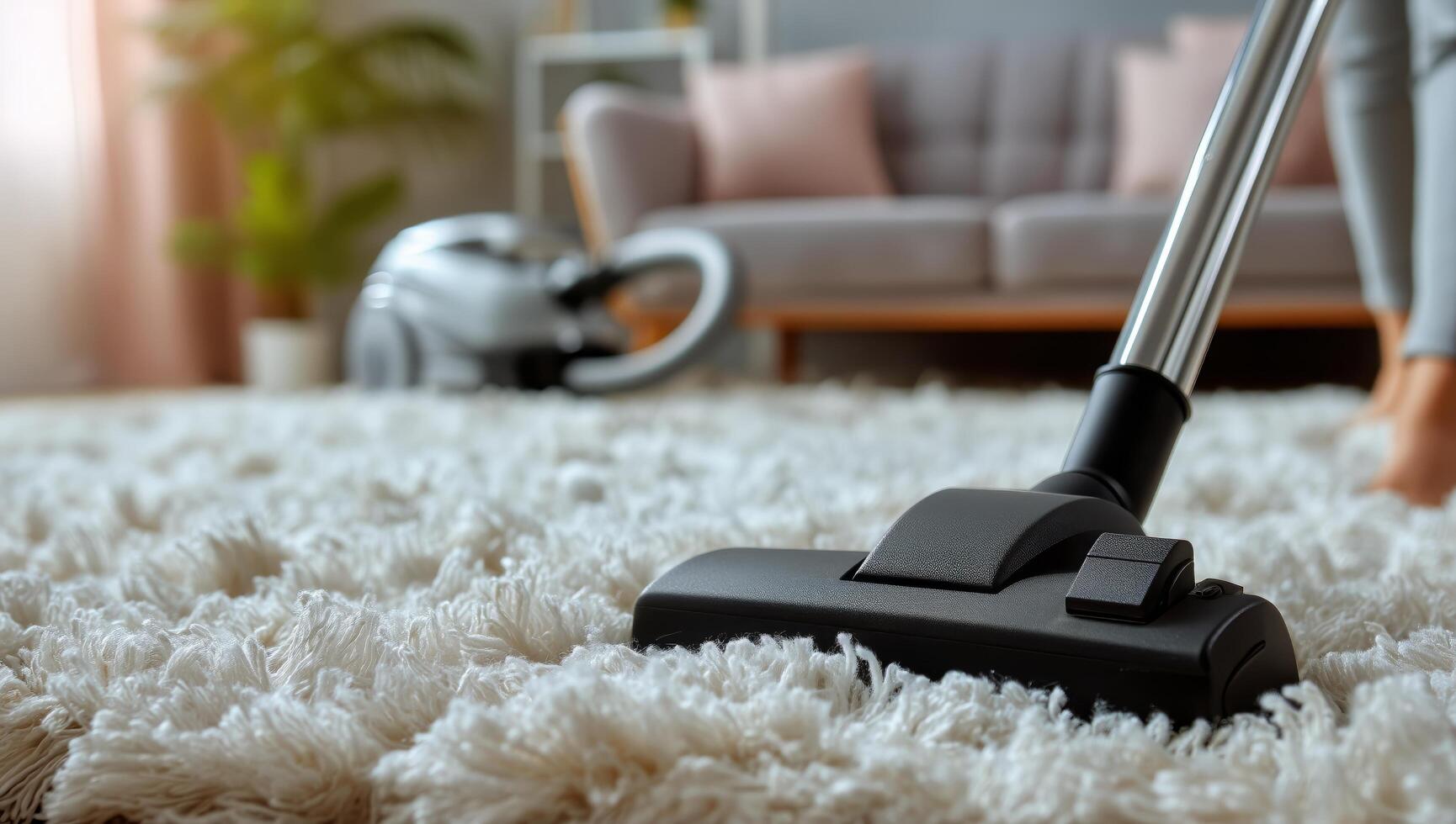 House Cleaning Activity With Vacuum Cleaner on Carpeted Floor in Cozy Living Room photo