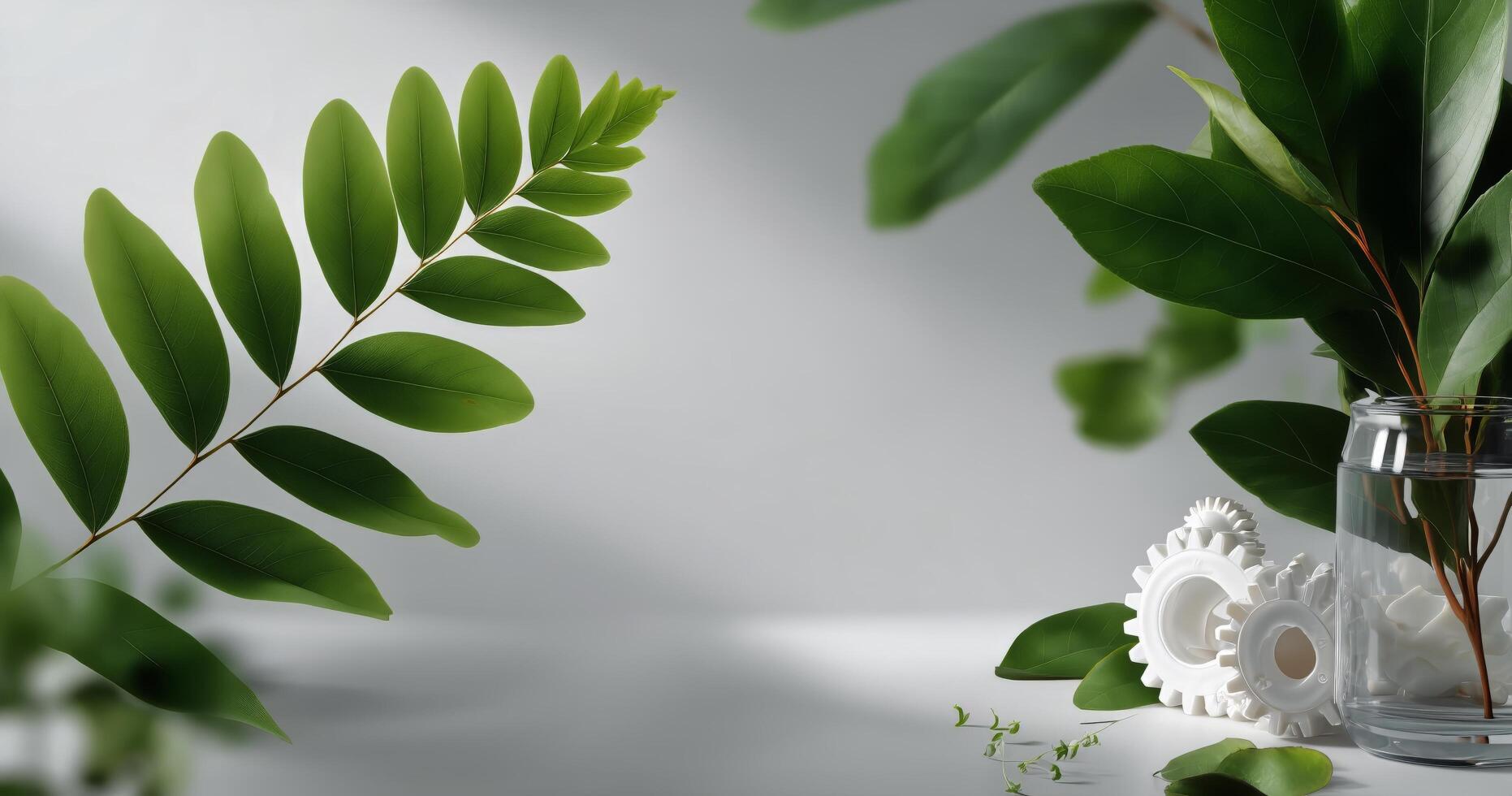 Green Leaves and Decorative Elements Arranged for a Serene Indoor Setting in Natural Light photo