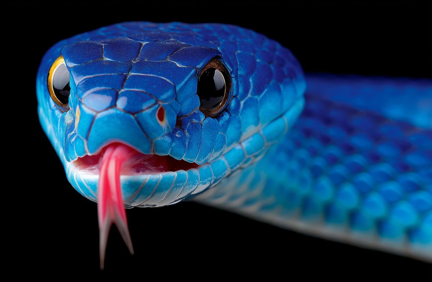 Vibrant Blue Snake With Striking Features and Flicking Tongue Captured Against a Black Background photo