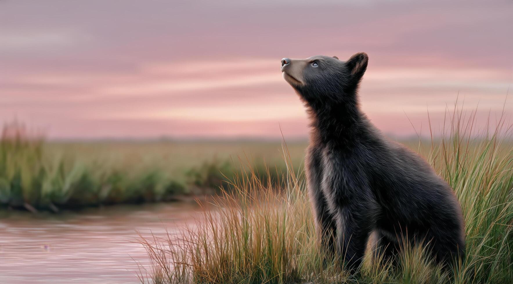 Young Bear Gazes at Colorful Sky Near Water at Dusk photo