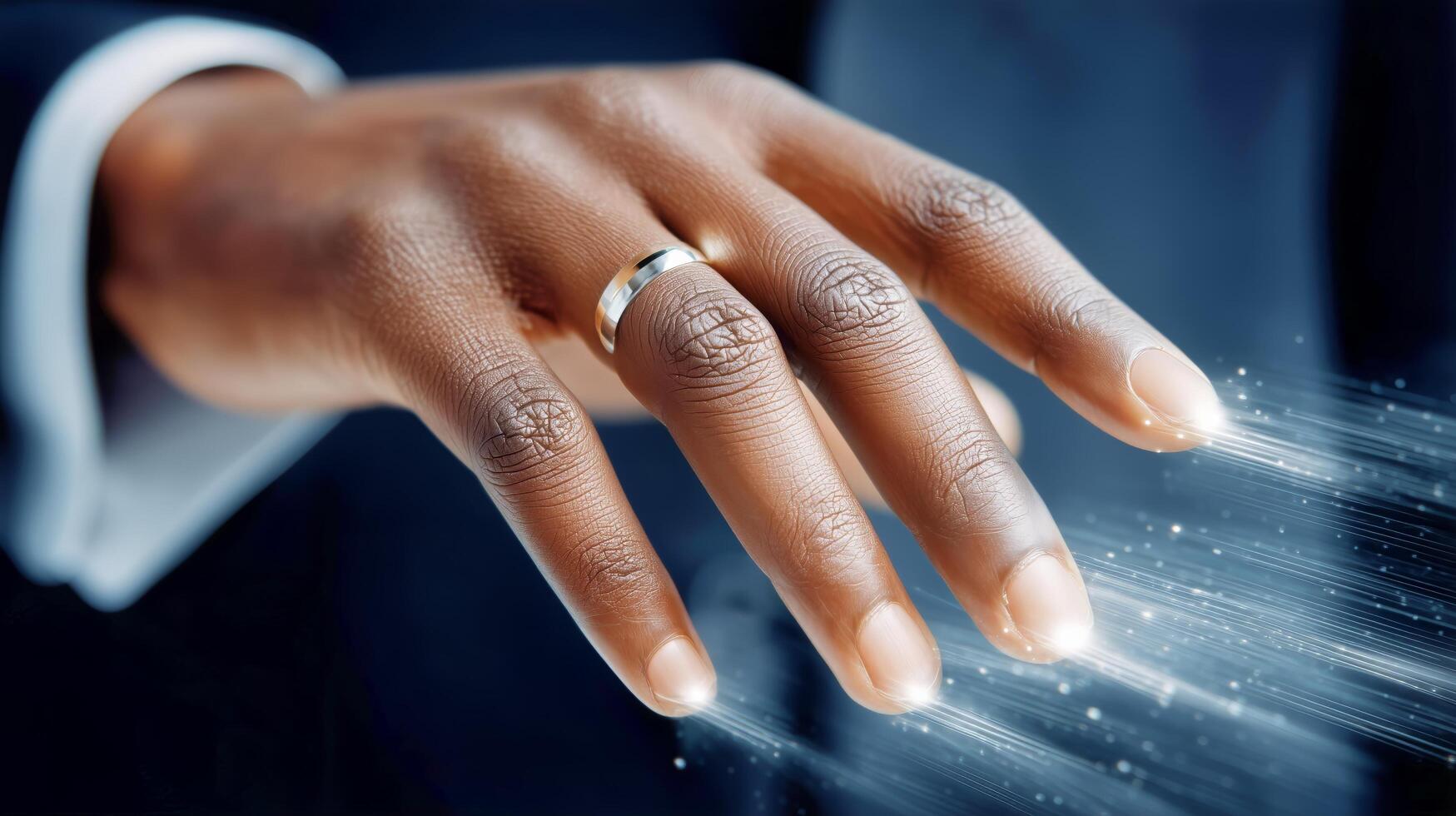 Elegant Hand With Wedding Ring Emitting Sparkling Particles in a Sophisticated Setting photo
