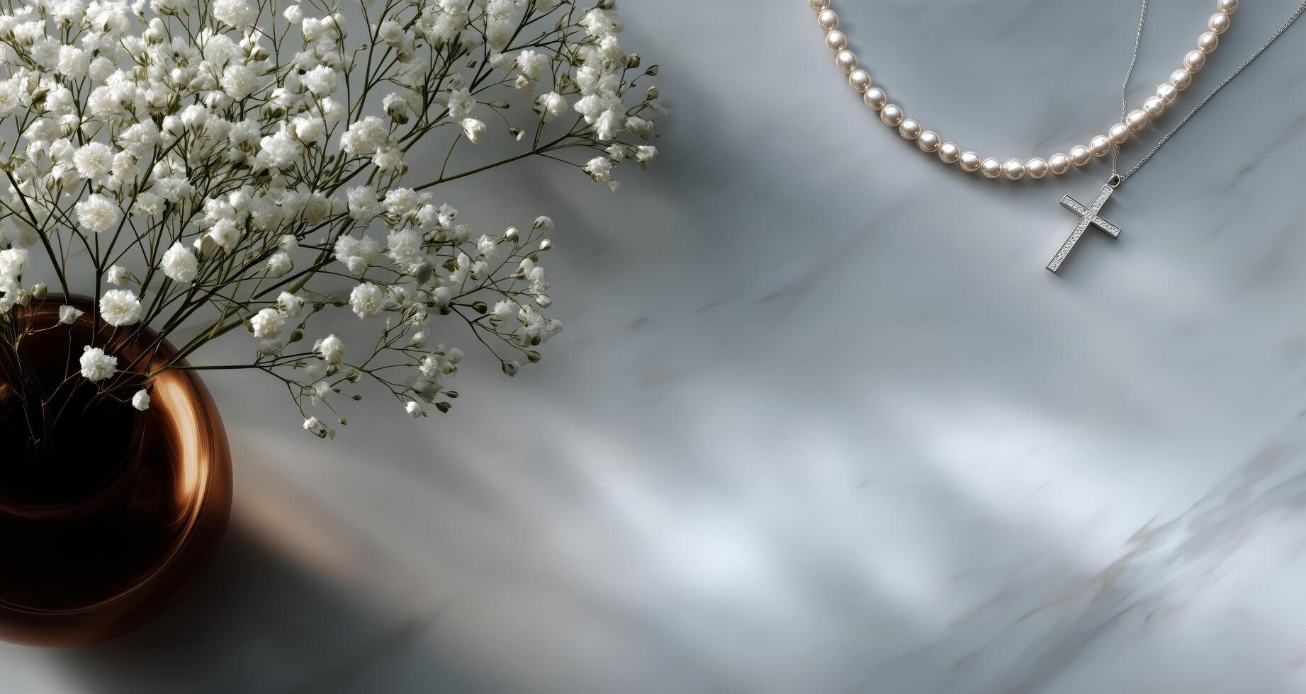 Elegant Pearl Necklace and Silver Cross Resting Beside Delicate White Flowers on a Marble Surface photo
