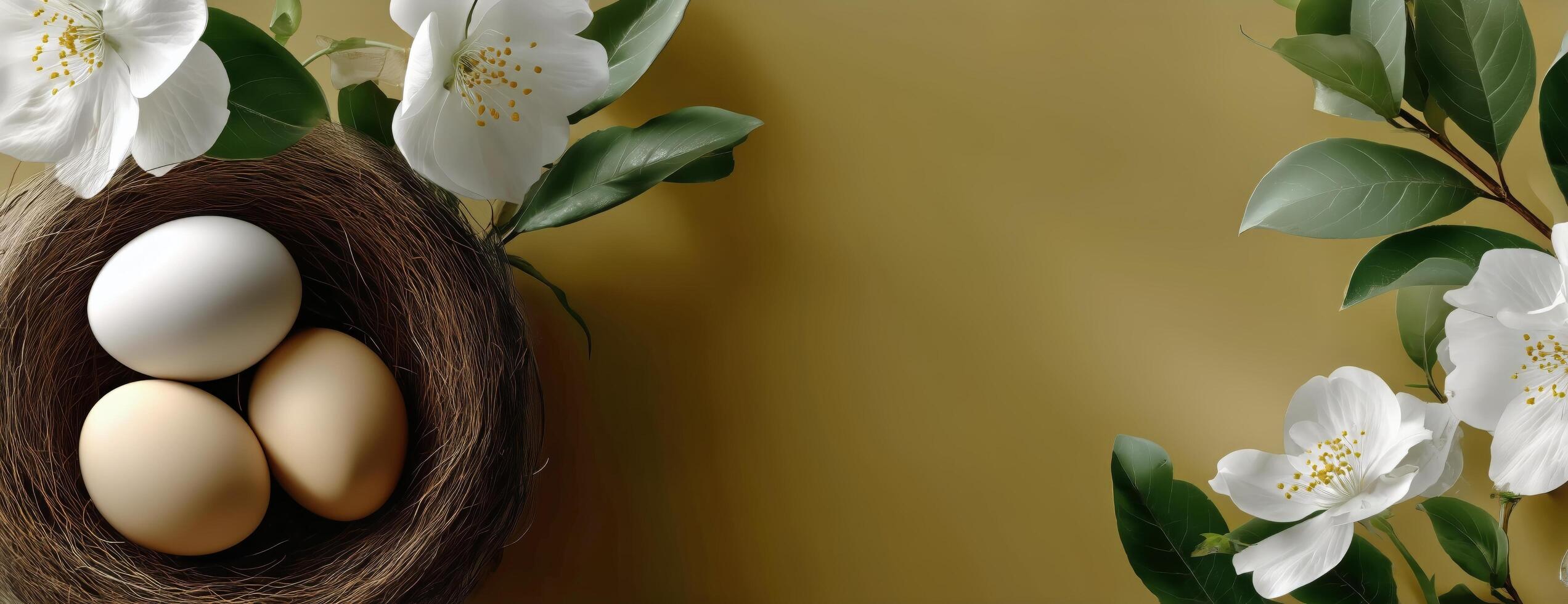 Beautiful Nest With White and Brown Eggs Surrounded by Blooming Flowers on Soft Backdrop photo