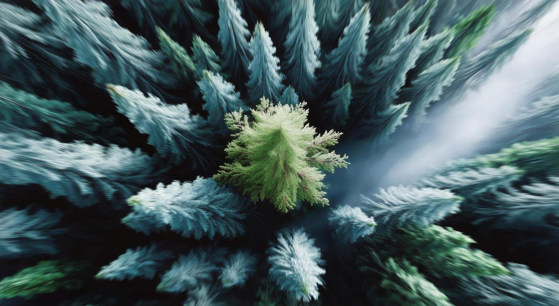 Forest Canopy View Revealing a Single Green Tree Standing Tall Amidst Dense Evergreen Foliage photo