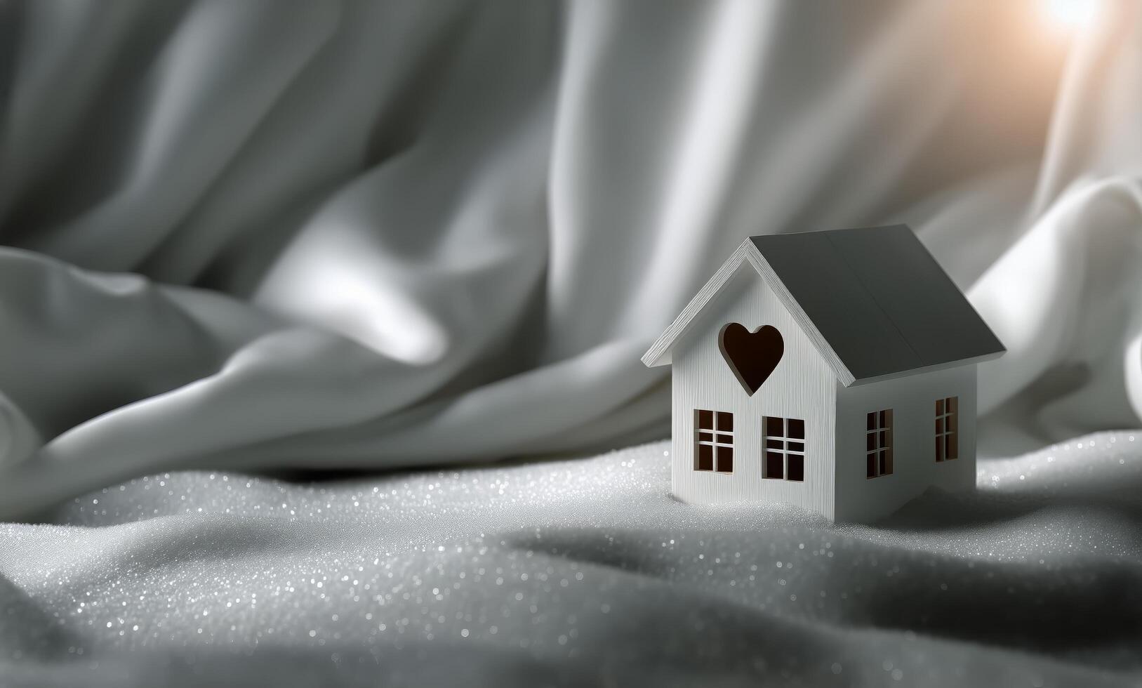 Small Wooden House Model on Soft Fabric With Heart Shape During Warm Light photo
