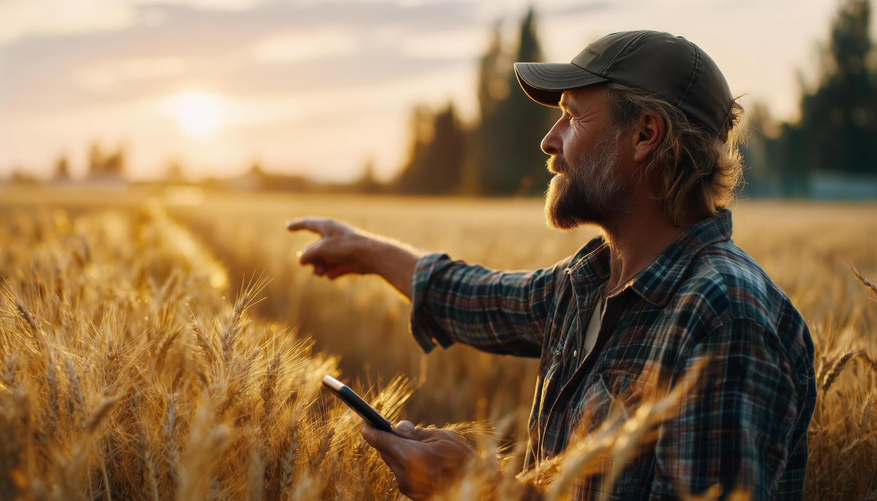 Farmer Observing Wheat Field at Sunset and Using Mobile Phone to Monitor Crop Conditions photo