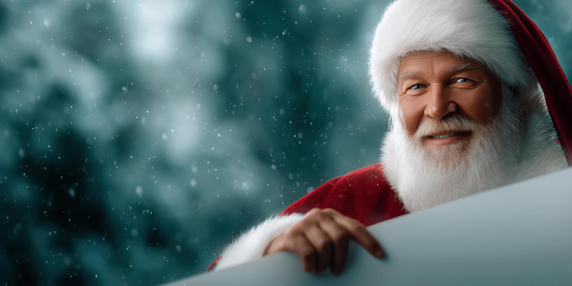 Santa Claus Smiling and Holding a Sign in a Snowy Winter Landscape photo