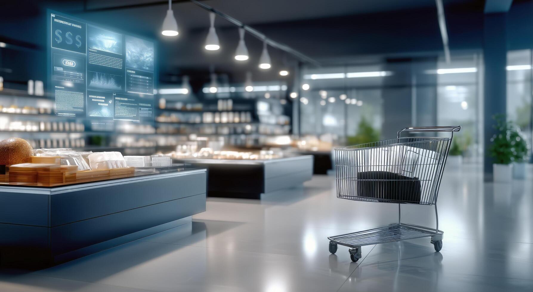 Smart Shopping Cart and Digital Displays in a Modern Grocery Store Environment photo