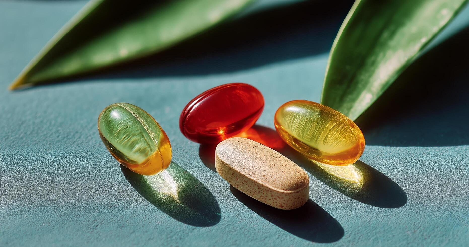 Colorful Vitamins and Supplements Arranged on a Blue Surface With Green Leaves Nearby photo