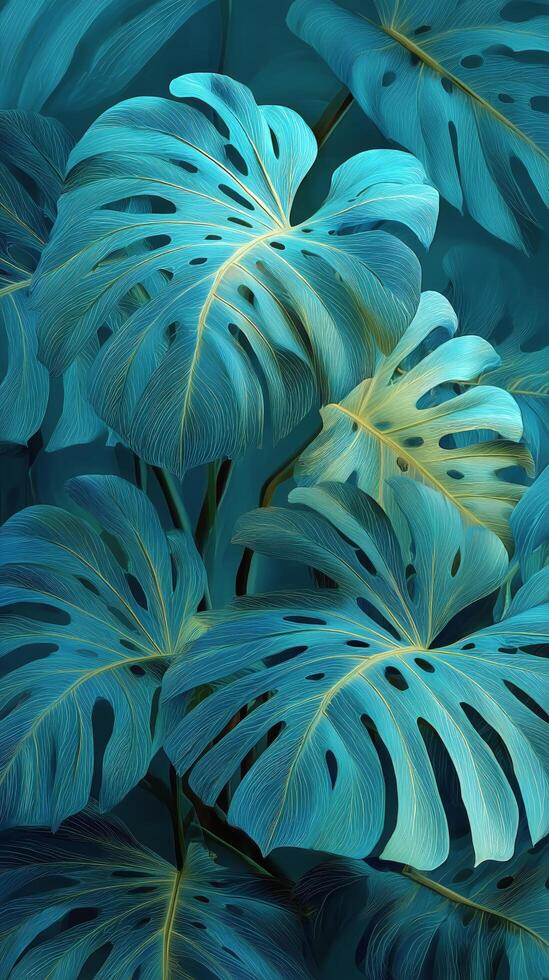 Monstera Leaves in Vivid Turquoise Tones Create a Lush Tropical Ambiance in a Serene Indoor Garden photo