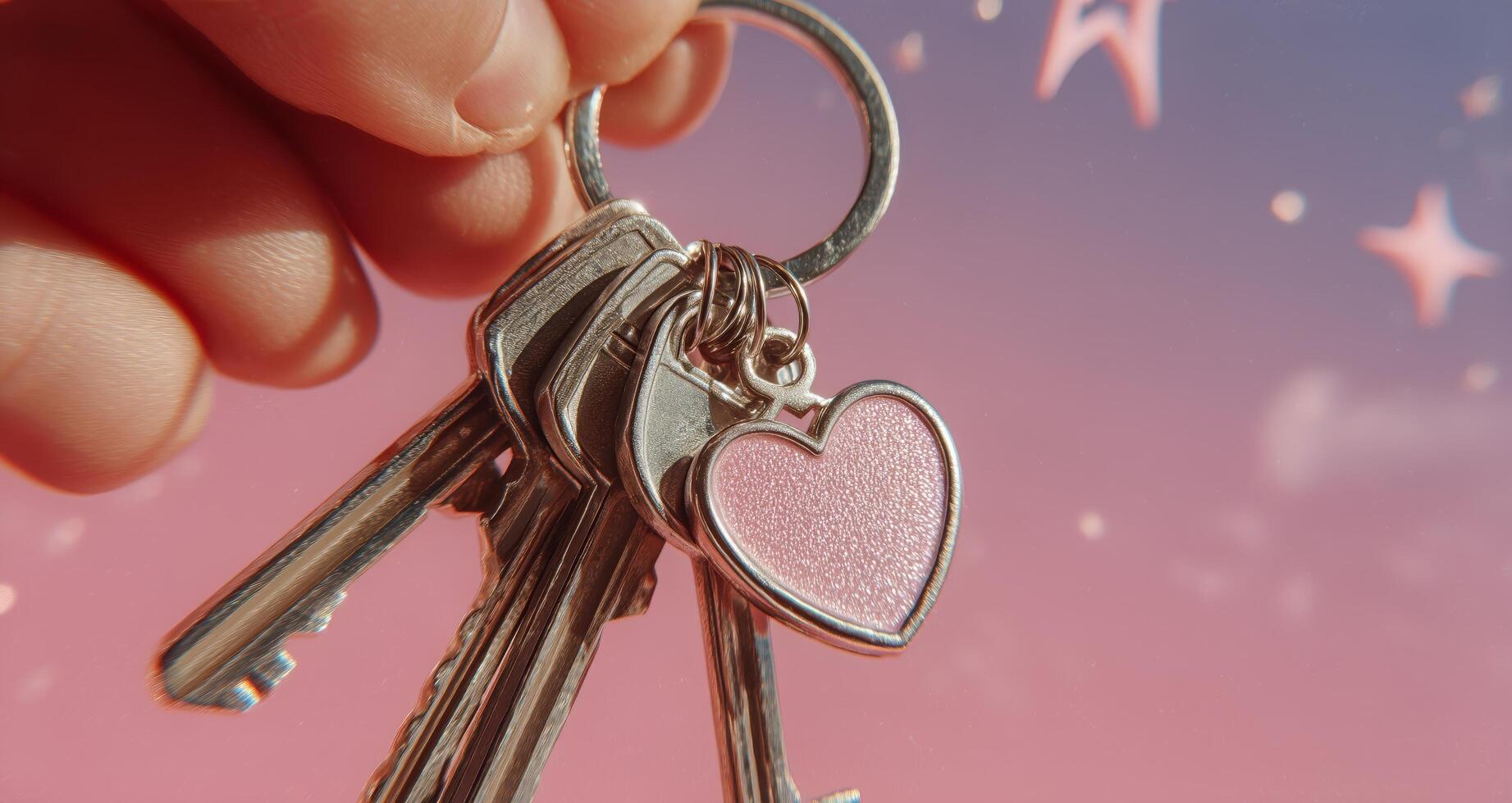 Bright Keys With a Heart Charm Held Against a Pastel Sky Background at Sunset photo