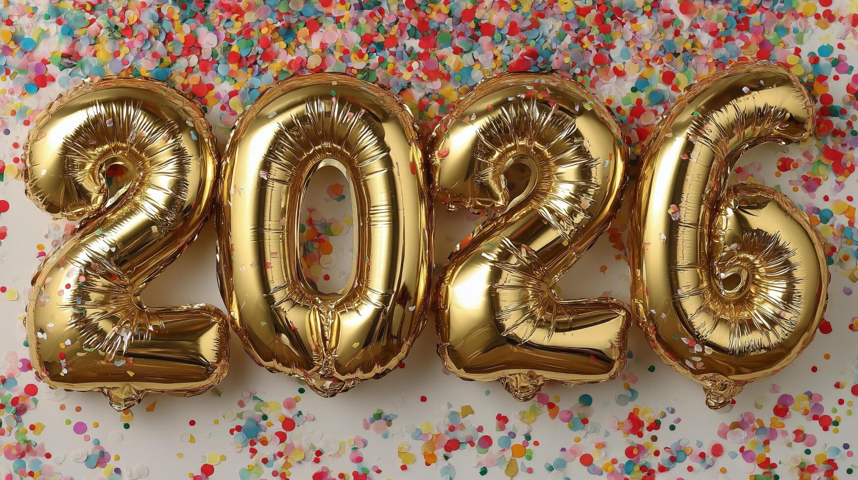 Golden Balloons Display the Year 2026 Against a Colorful Confetti Background for Celebration photo