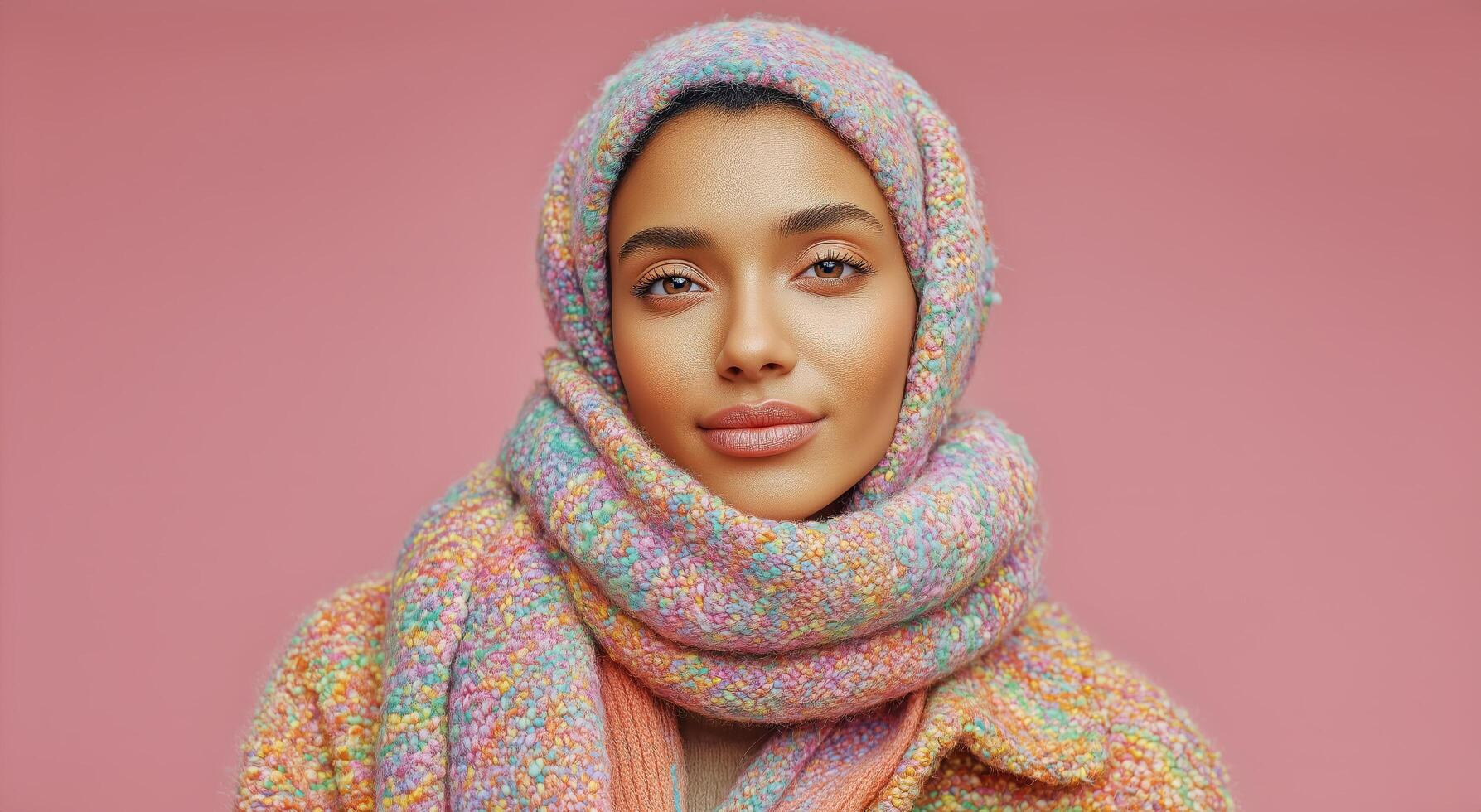 Brightly Colored Scarf and Hijab Worn by Woman Against a Vibrant Pink Background in Winter Setting photo