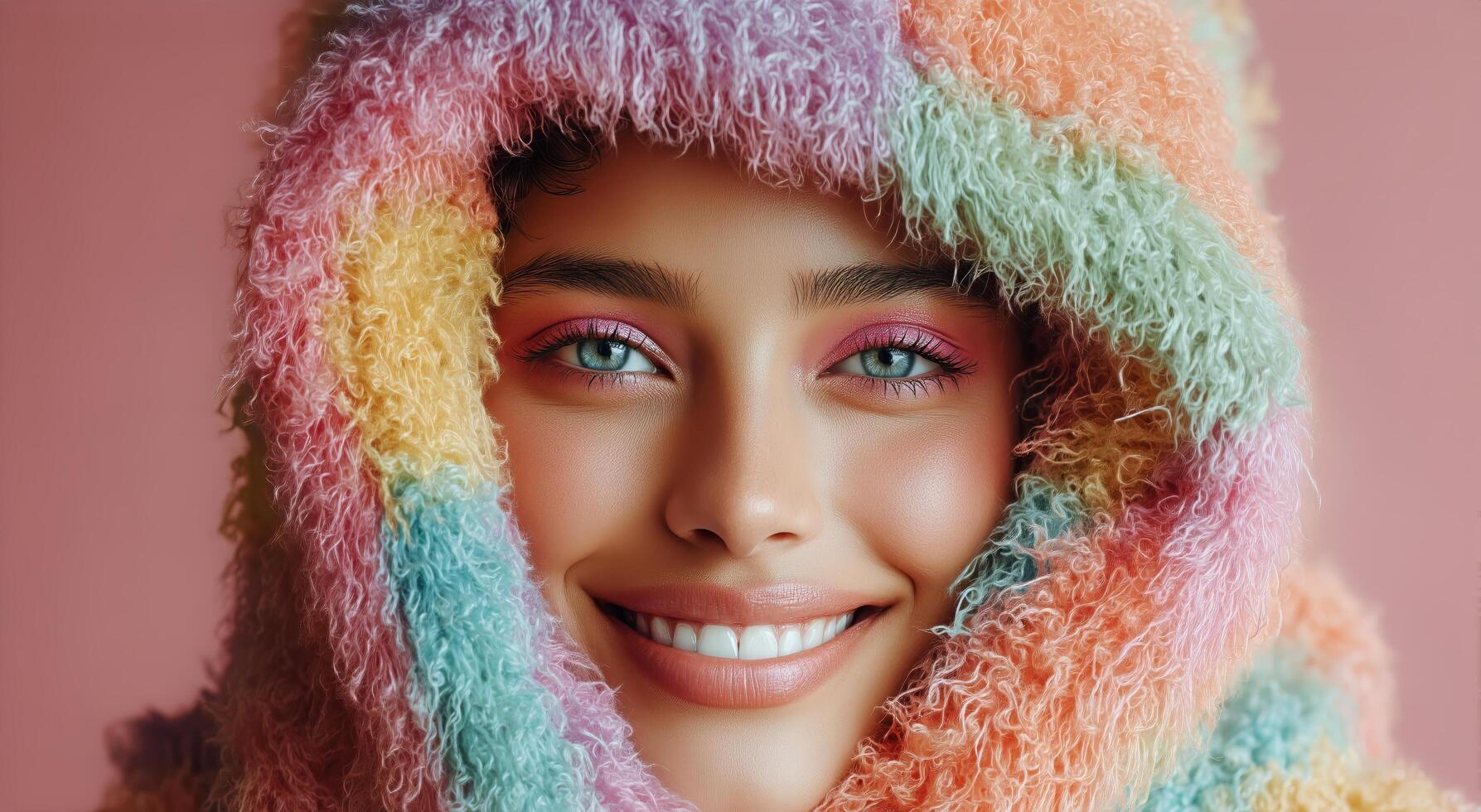 Young Woman Smiling Warmly in Colorful Fluffy Hoodie on Pink Background in Cozy Indoor Setting photo