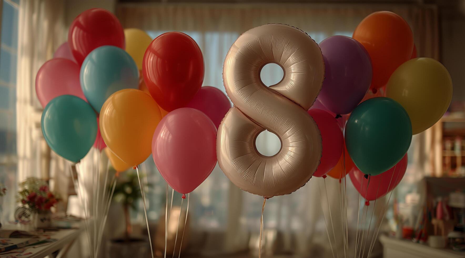 Celebrating a Special Birthday With Colorful Balloons and a Large Number Eight photo
