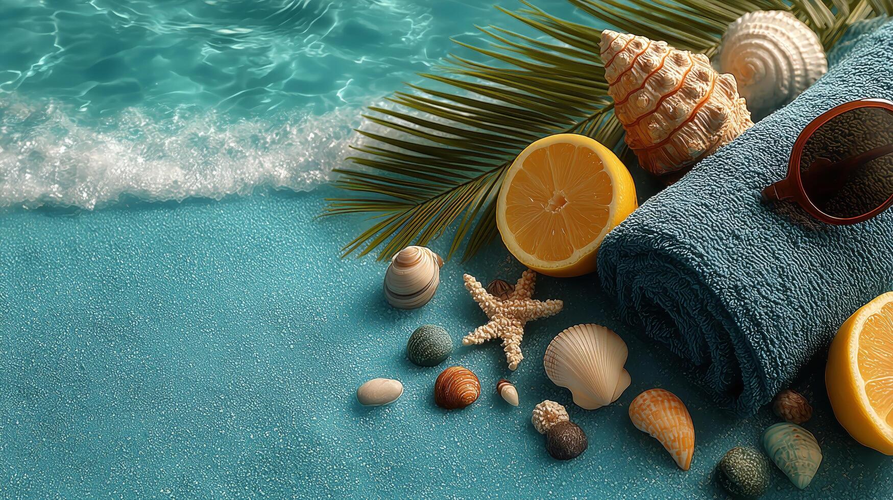 Relaxing Beachside Setup With Towels, Seashells, and Citrus Fruits Near Calm Turquoise Waters photo