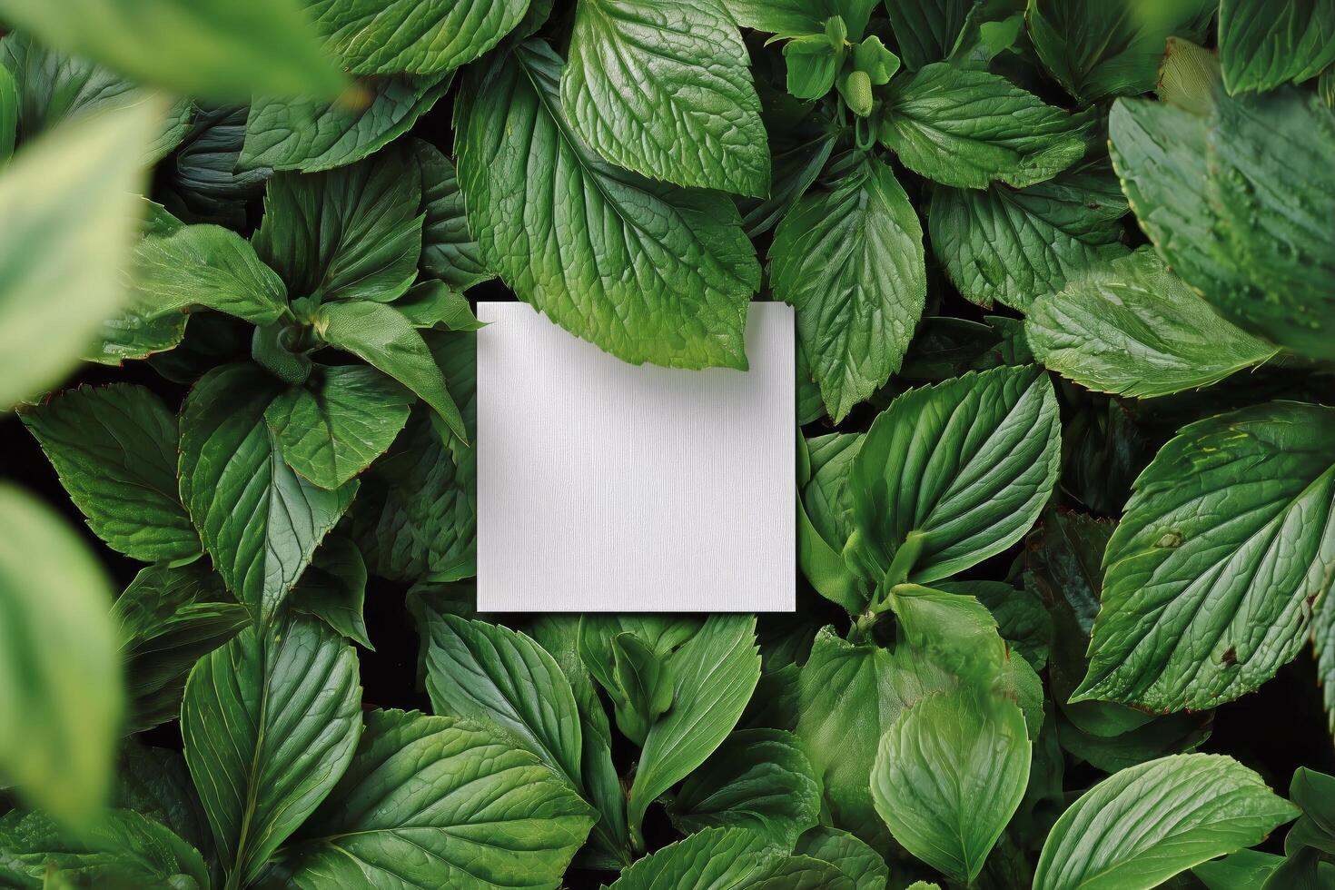 Mint Leaves Surround a Textured White Square in a Lush Green Garden Setting With Natural Light photo