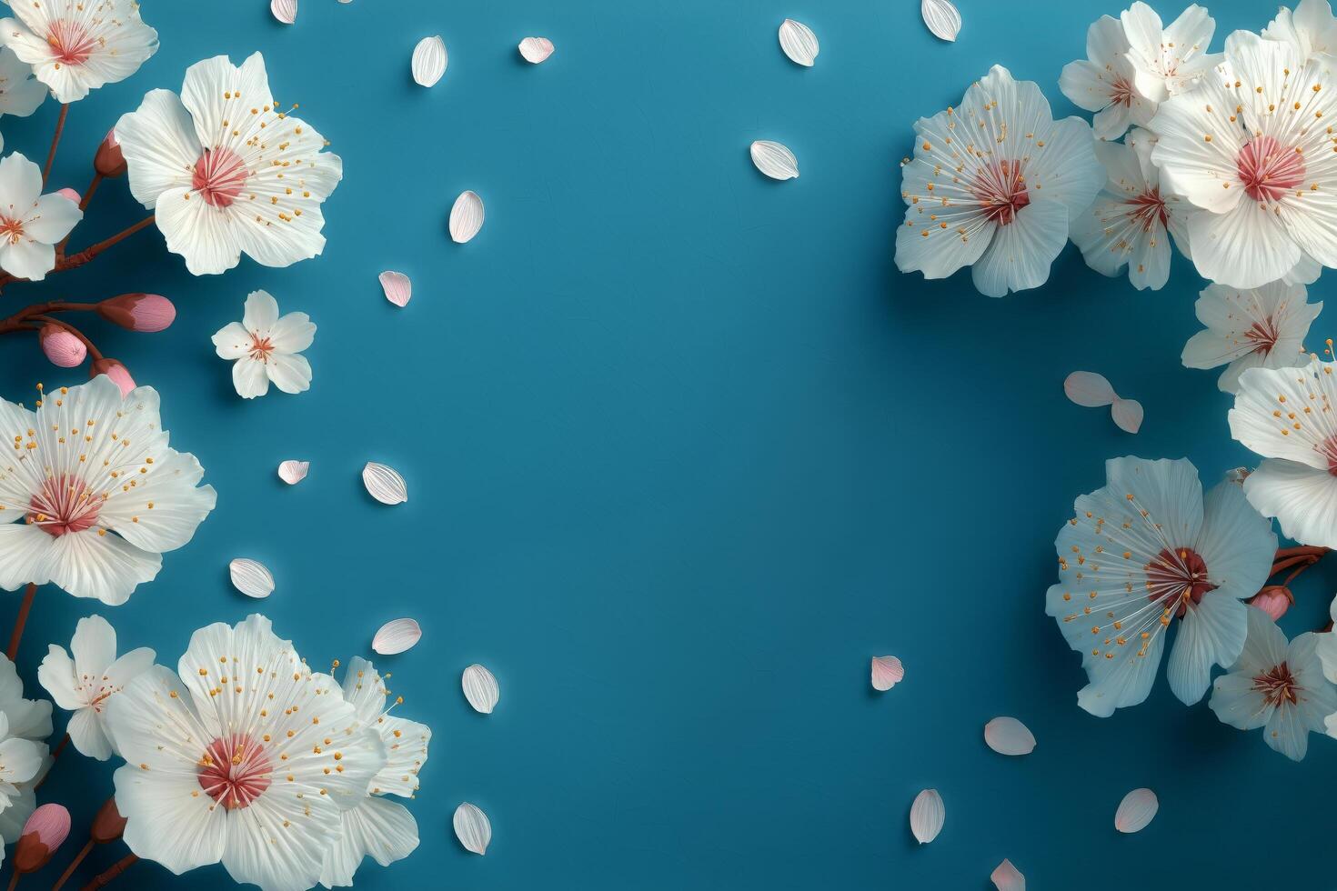 Beautiful White Cherry Blossom Flowers Arranged on a Blue Background With Scattered Petals photo