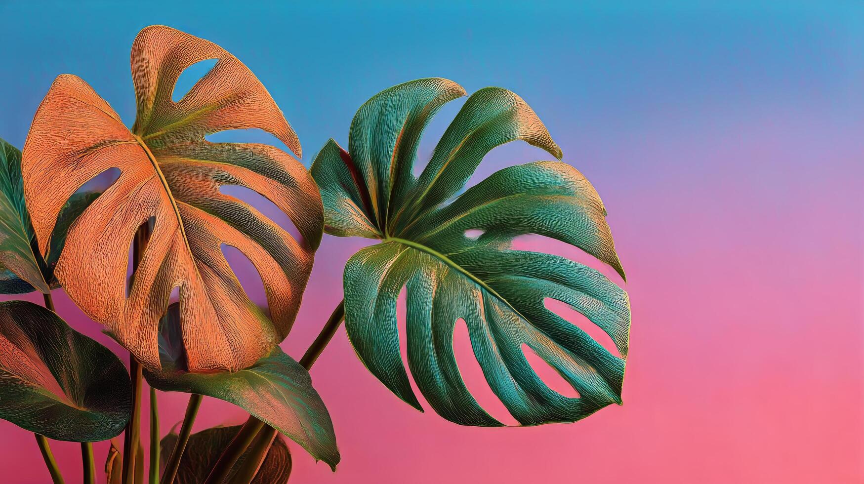 Colorful Monstera Leaves Against a Gradient Background Showcase Tropical Beauty photo