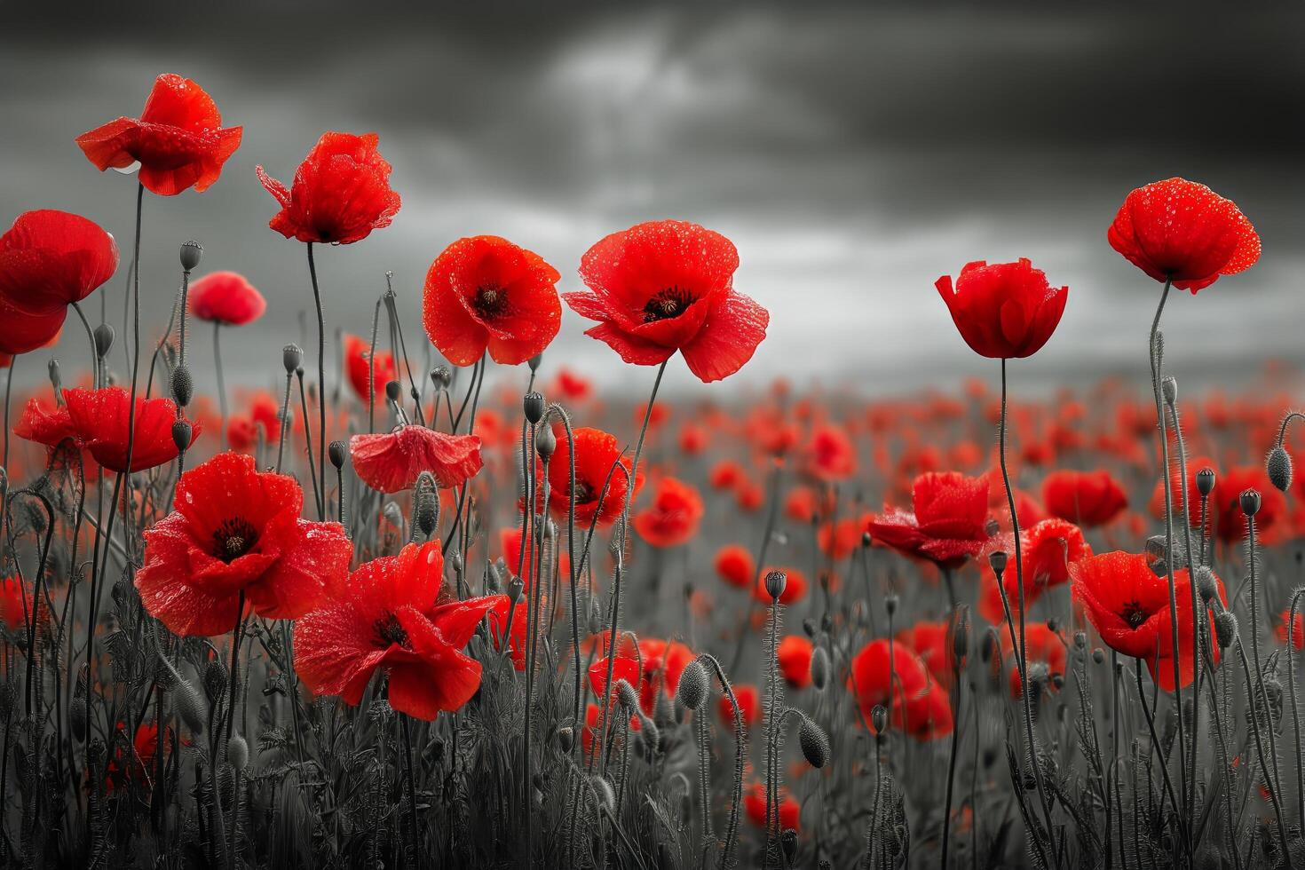 Vibrant Red Poppies Bloom in a Field Under a Dramatic Sky During the Early Evening Hours photo
