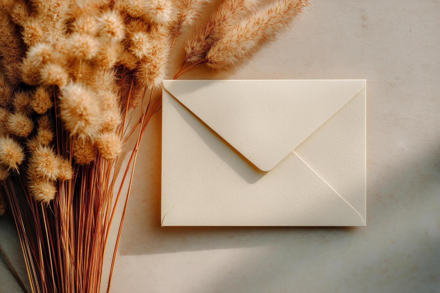 Elegant White Envelope Surrounded by Dried Grass on a Neutral Surface photo