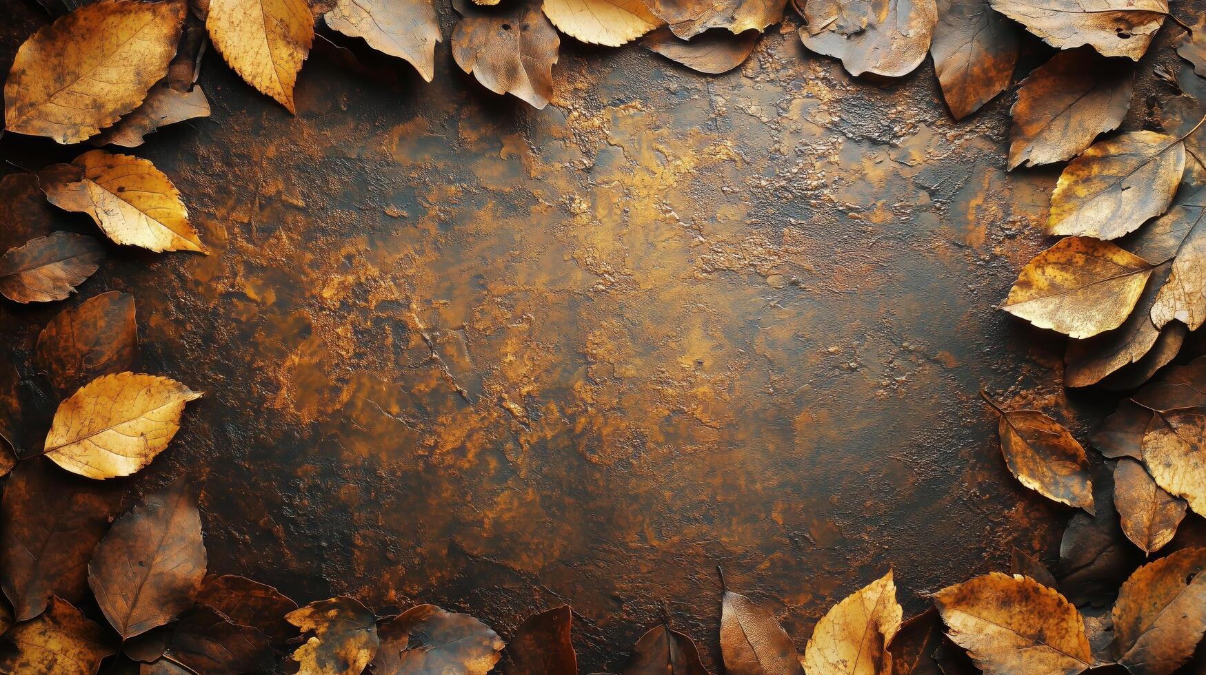 Autumn Leaves Surround a Rustic Textured Background in Warm Tones of Brown and Gold photo