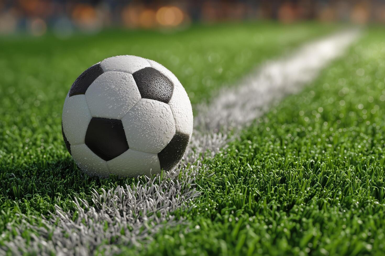 Soccer Ball Resting on Green Field With White Line During a Match in Bright Daylight photo