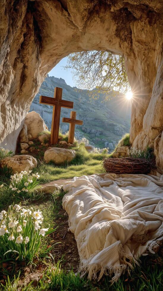 Three Crosses Stand in a Serene Cave With Sunlight Illuminating the Peaceful Landscape at Dawn photo