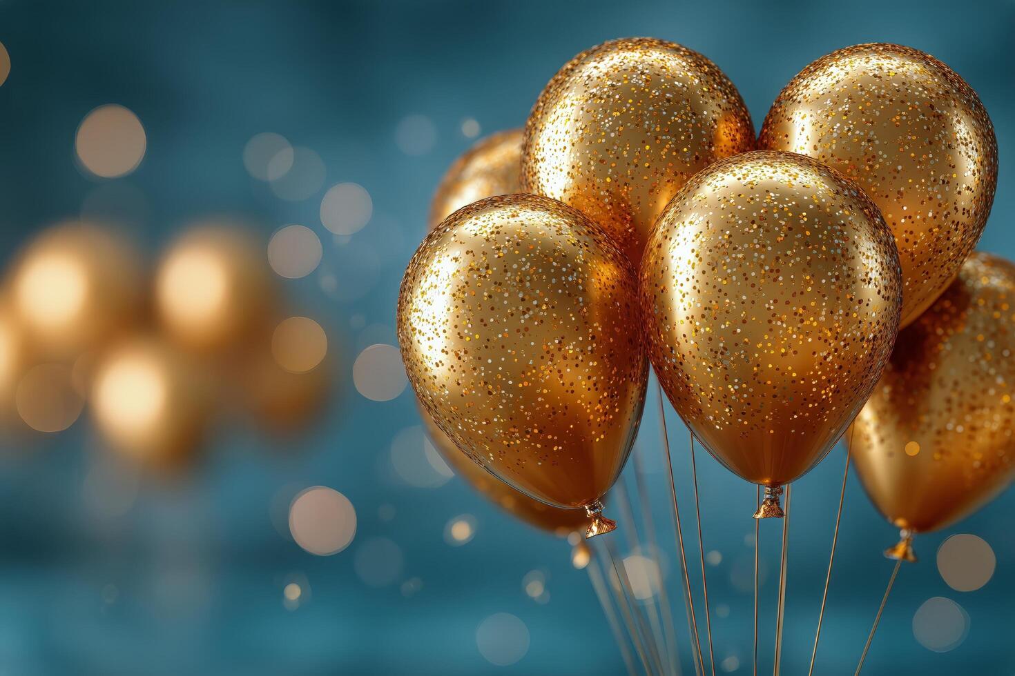 Festive Golden Balloons Floating Gracefully Against a Blue Backdrop With Sparkling Bokeh Lights photo