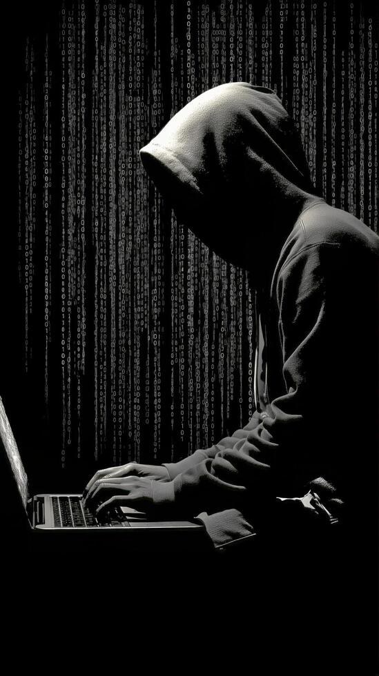 Dark Figure Working on Laptop in a Dimly Lit Room With Code Background photo