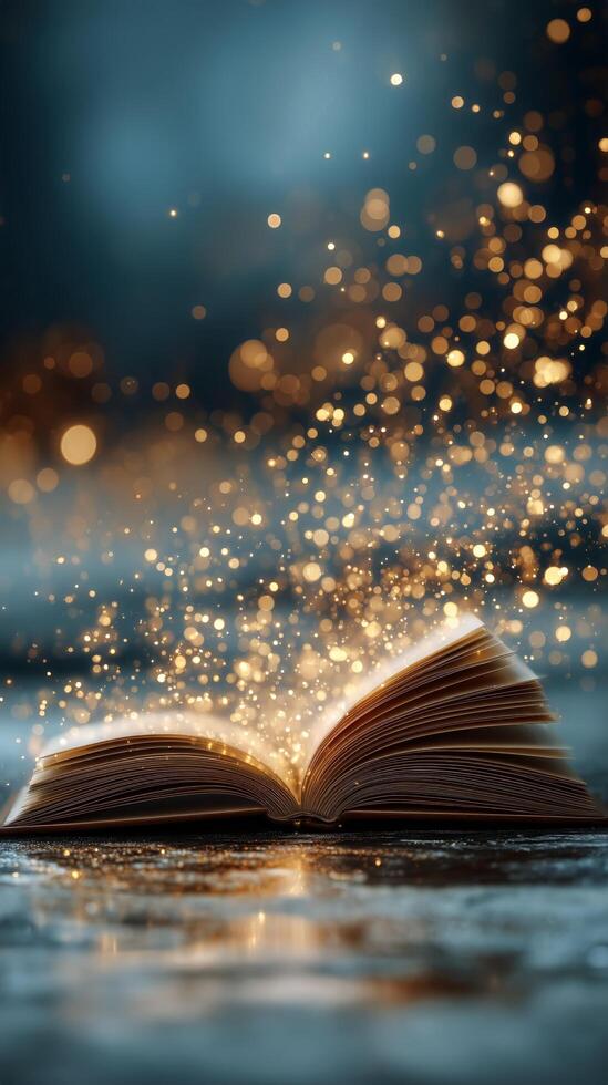 Open Book Surrounded by Glowing Particles Creating a Magical Atmosphere at Dusk photo