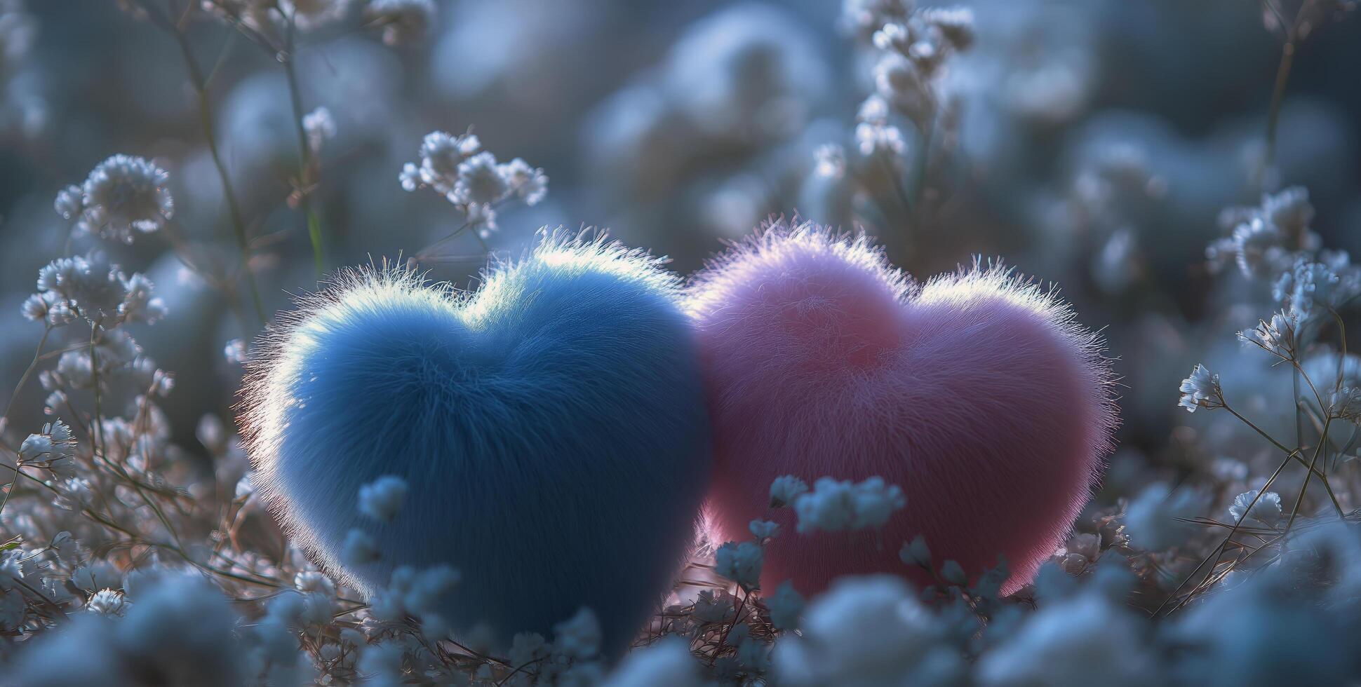 Soft Fluffy Hearts Resting Among Delicate Flowers in a Twilight Setting photo