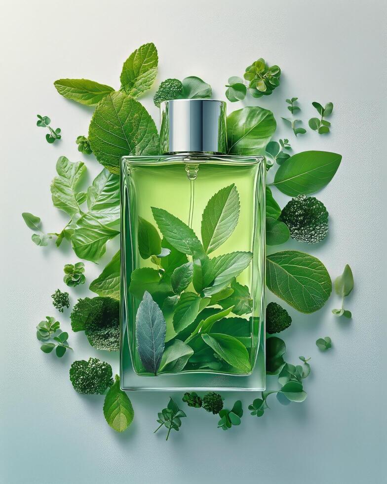 Glass Bottle Filled With Green Herbal Essence Surrounded by Fresh Leaves photo
