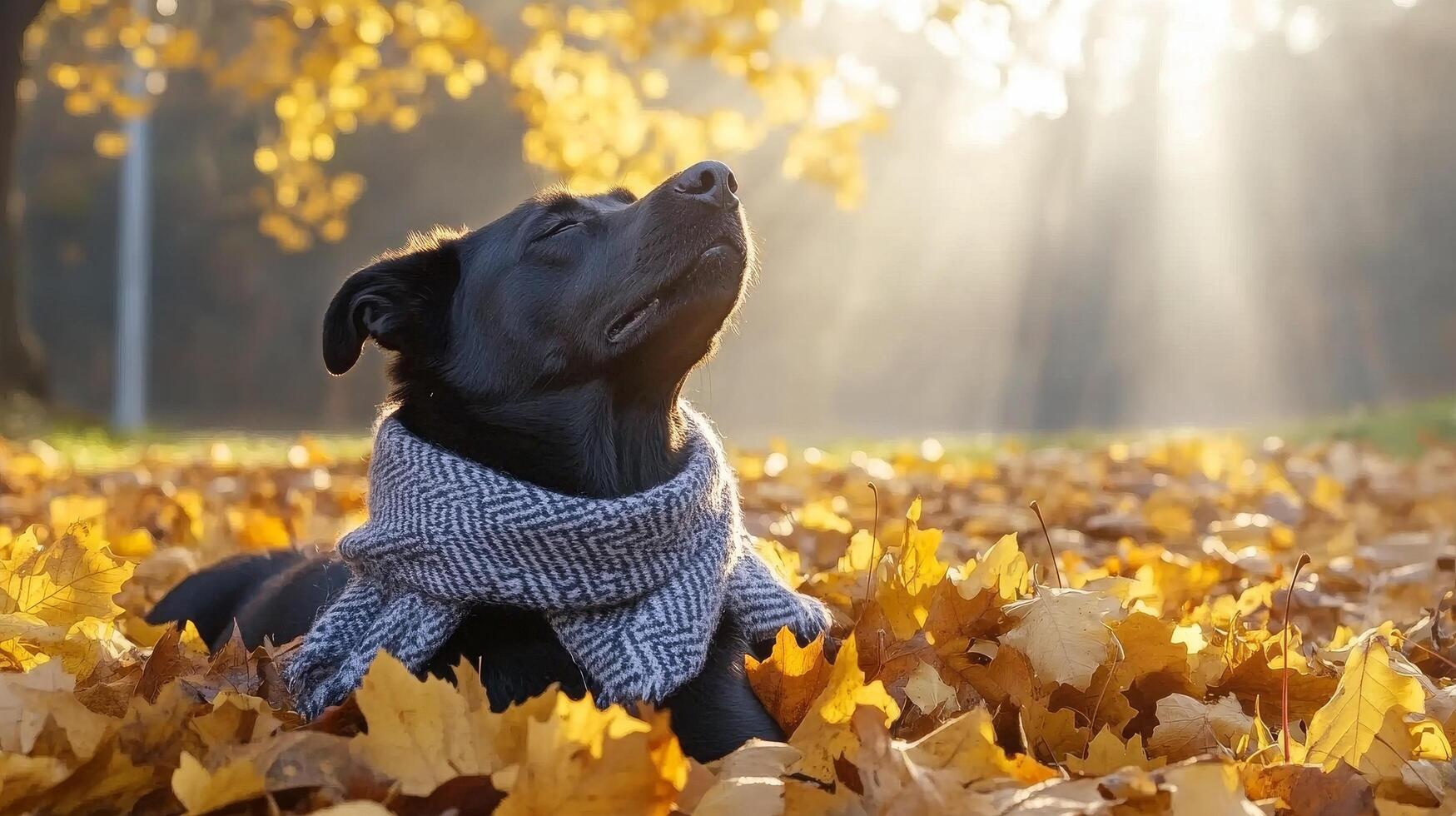 Black Dog Enjoying Autumn Sunlight While Wearing a Cozy Scarf in a Pile of Yellow Leaves photo