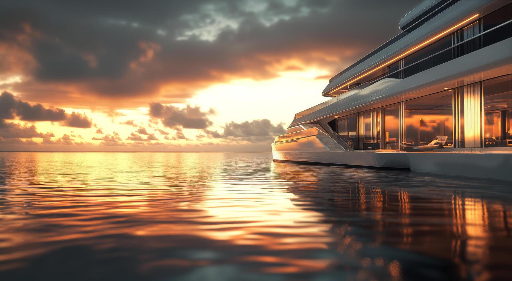 Luxury Yacht Anchored at Sunset With Calm Waters Reflecting Vibrant Sky Colors photo