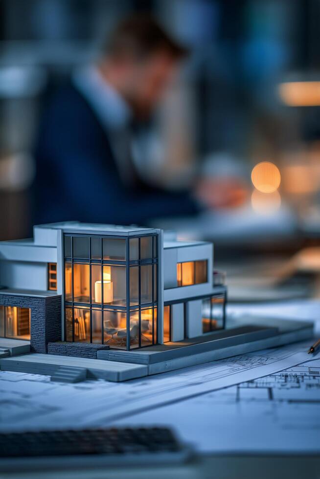 Architect Review of Modern House Model With Detailed Blueprints in Design Studio Workspace photo
