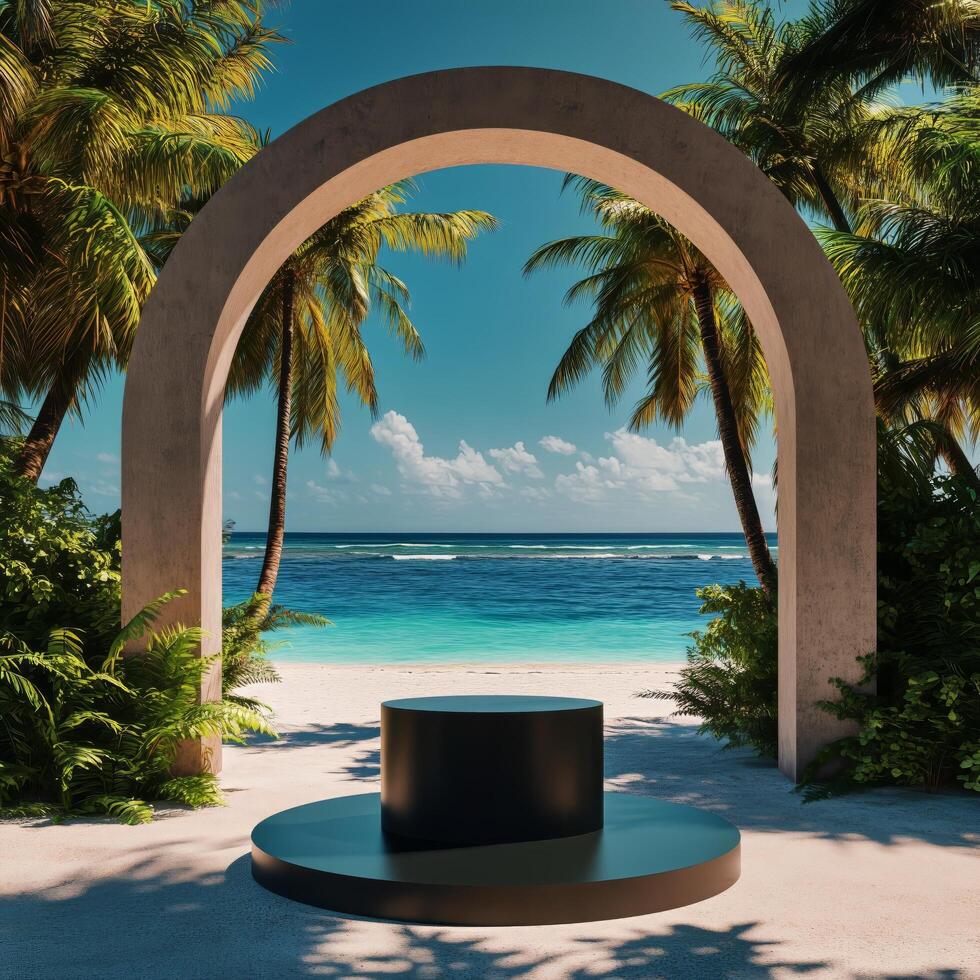 Tropical Beach View Through Arch With Palm Trees and Ocean in the Background at Golden Hour photo