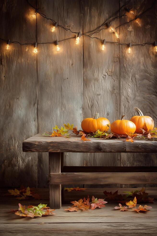Harvest Display With Pumpkins and Autumn Leaves on Rustic Table With String Lights at Cozy Setting photo