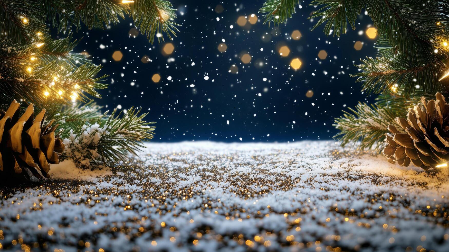 Winter Snowfall With Golden Lights and Pine Branches Creating a Festive Atmosphere photo