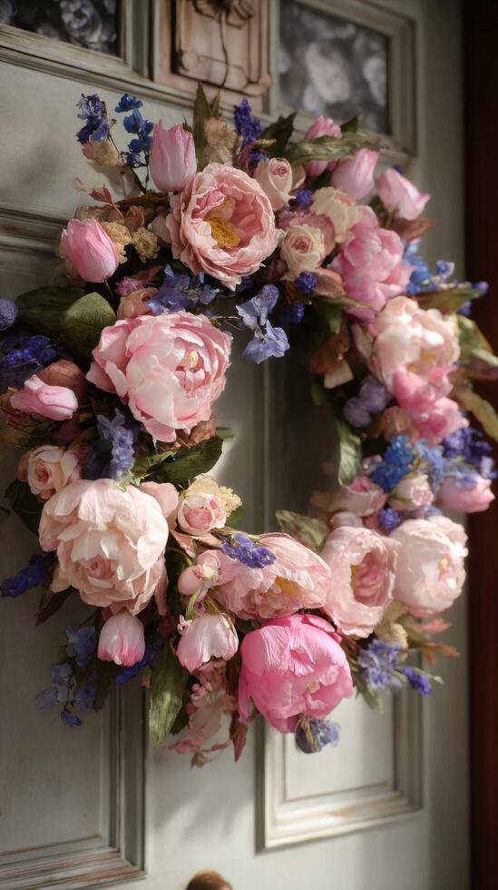 Beautiful Floral Wreath Adorned With Pink and Purple Flowers on a Vintage Door photo