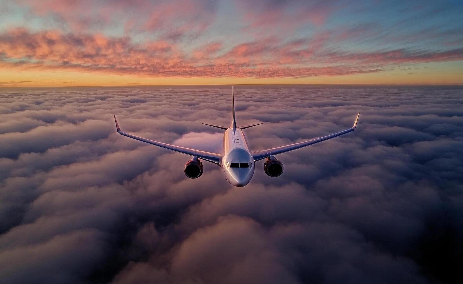 Airplane Flying Above Clouds During Colorful Sunset in the Sky photo