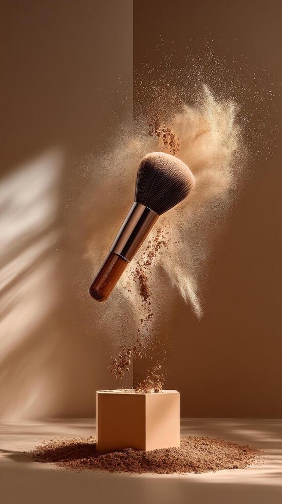 Floating Makeup Brush Dispersing Powder in a Serene, Minimalistic Setting photo