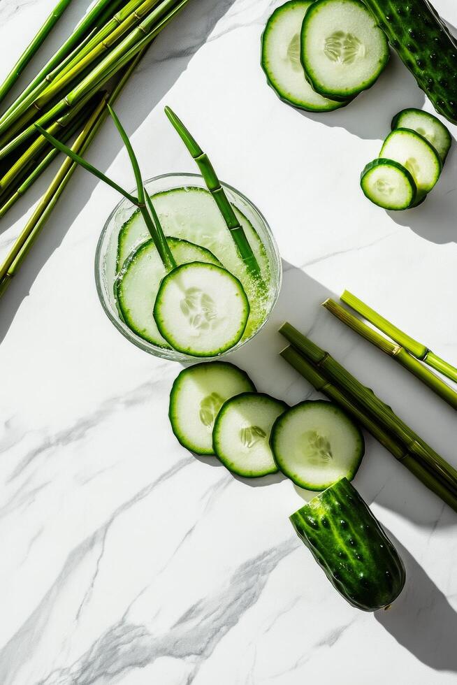 Refreshing Cucumber Drink With Fresh Slices and Green Garnish on Marble Surface photo