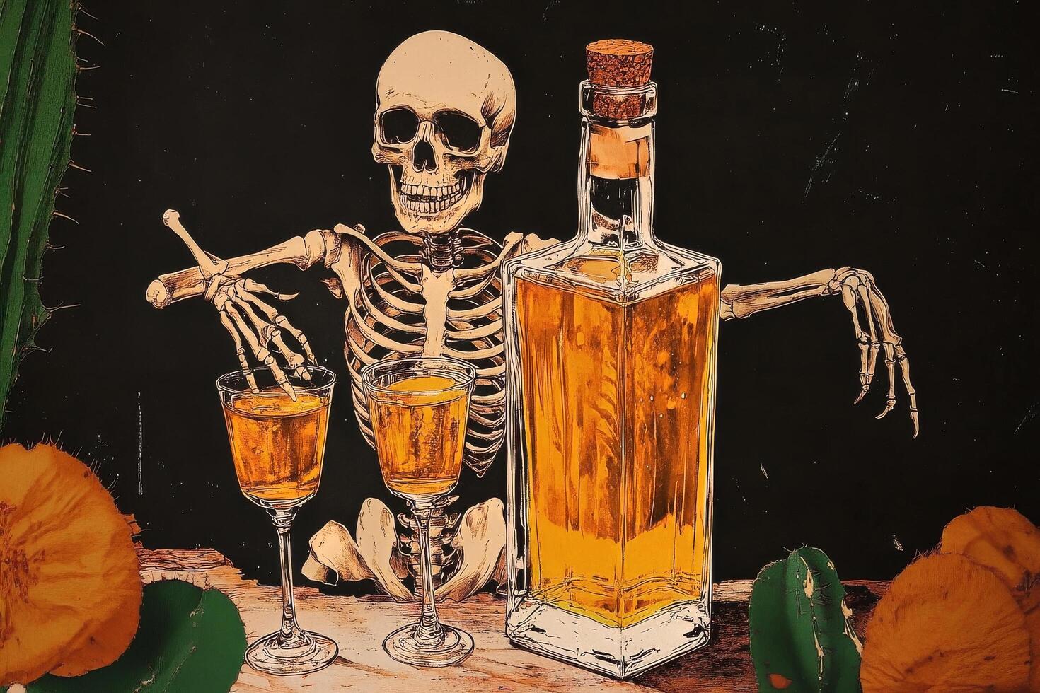 Skeleton Enjoying Drinks at a Bar With Orange Beverages and a Bottle of Liquor During a Festive Celebration photo