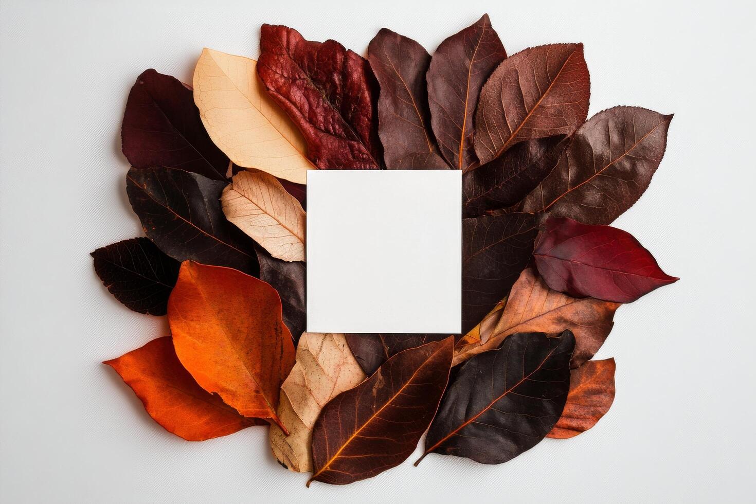 Colorful Autumn Leaves Arranged Around a Blank Square in a Creative Display on a White Background photo