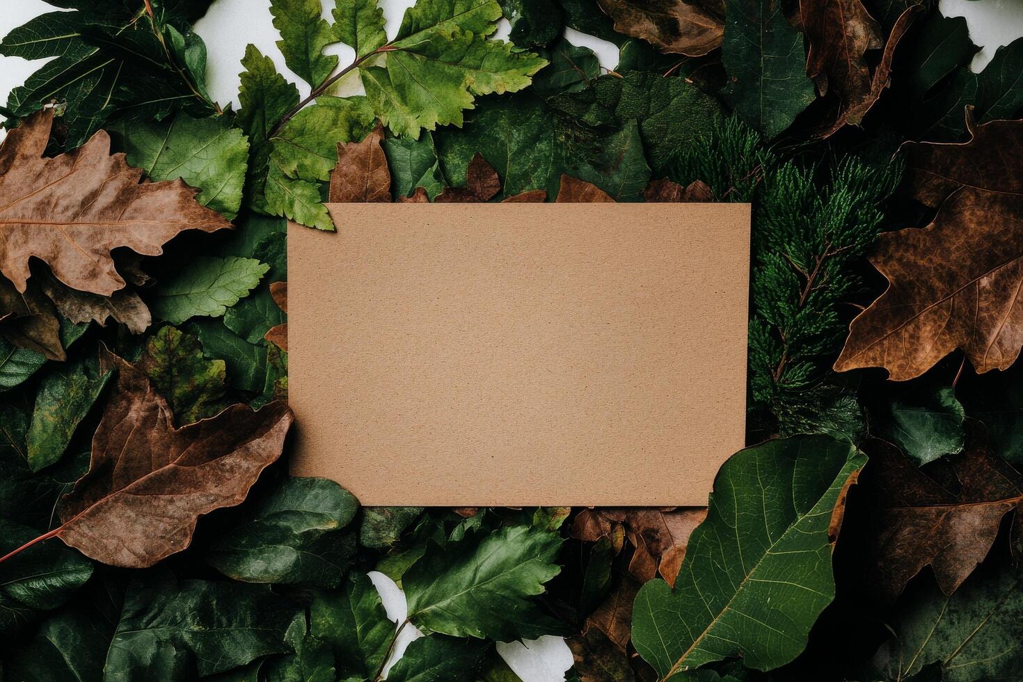 Natural Backdrop Featuring Leaves and a Blank Card for Creative Presentation Ideas photo