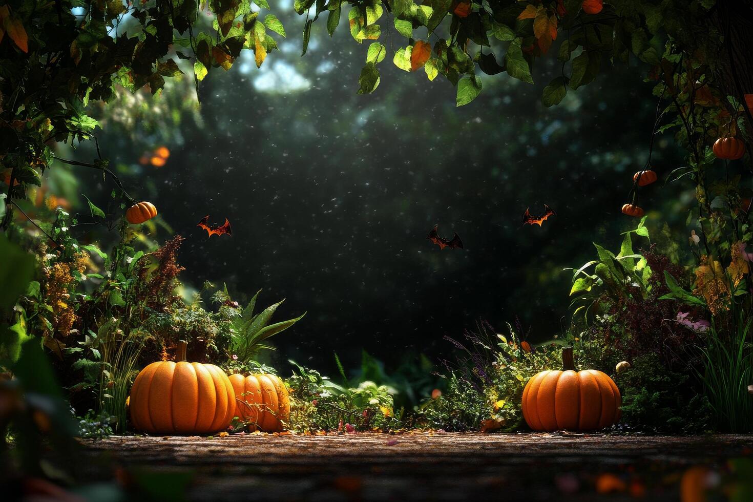 Pumpkins Surrounded by Lush Greenery and Mystical Lighting in a Forest Setting photo