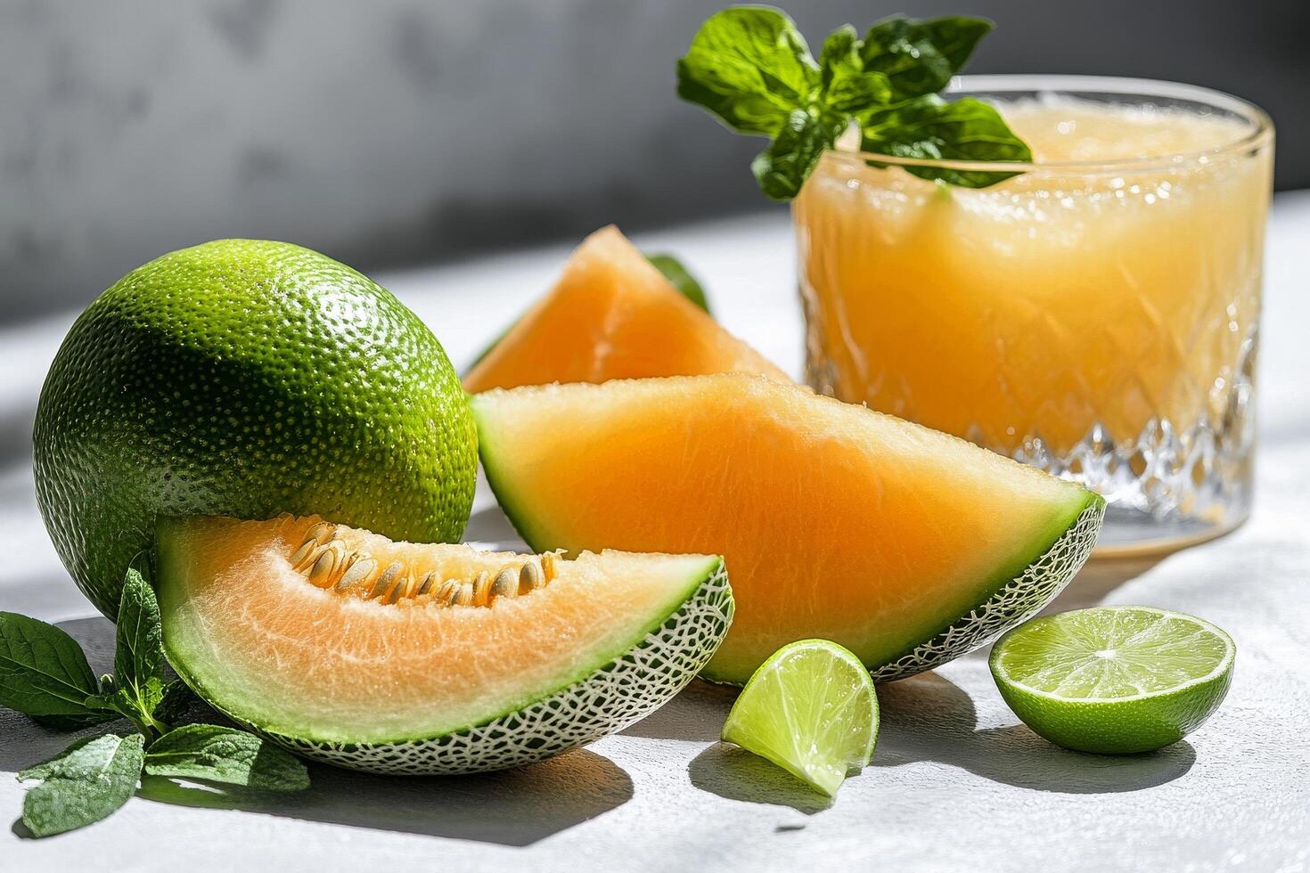 Refreshing Summer Drink With Melon and Lime on a Sunny Countertop photo